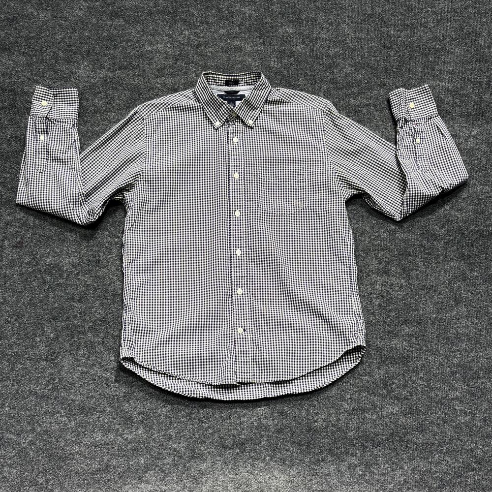 Tommy Hilfiger Shirt Mens Medium Blue White Gingham Plaid Slim Fit Button Up